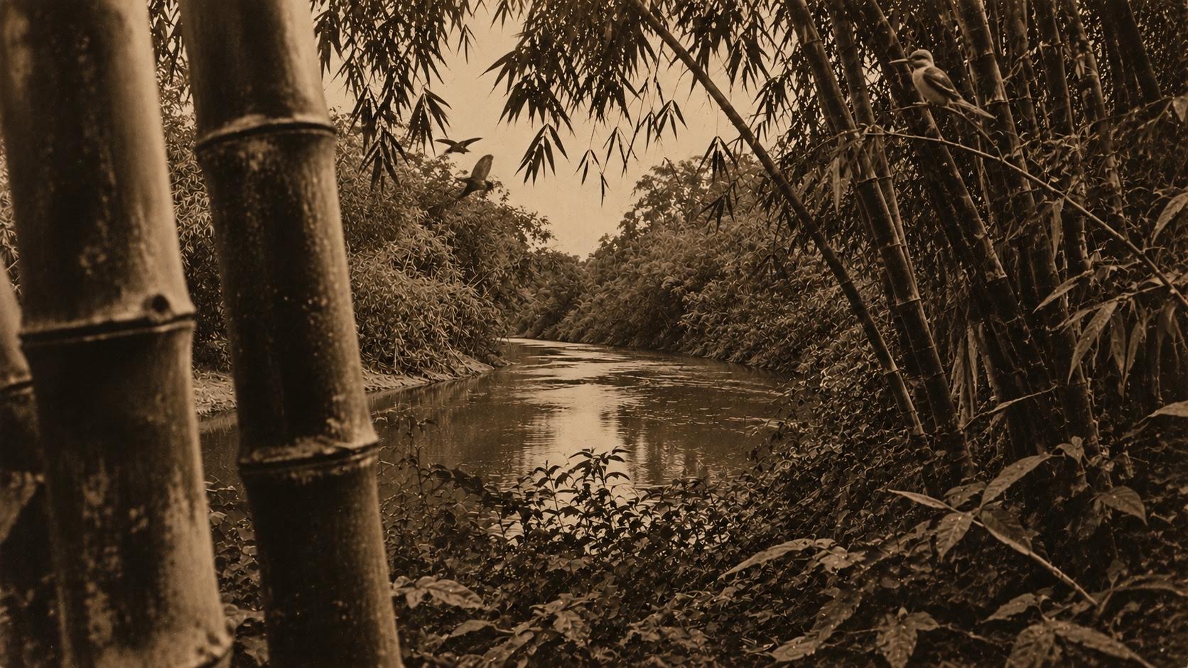 Sepia bamboo waterway with birds