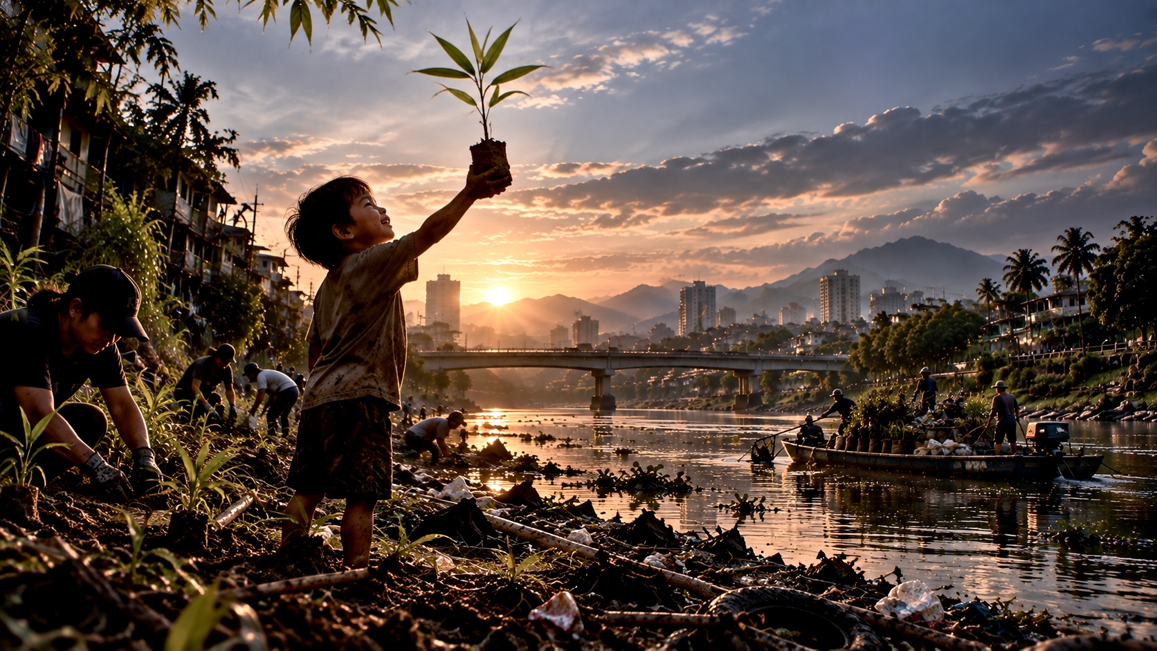A boy holding a new bamboo plant while the community restores the river