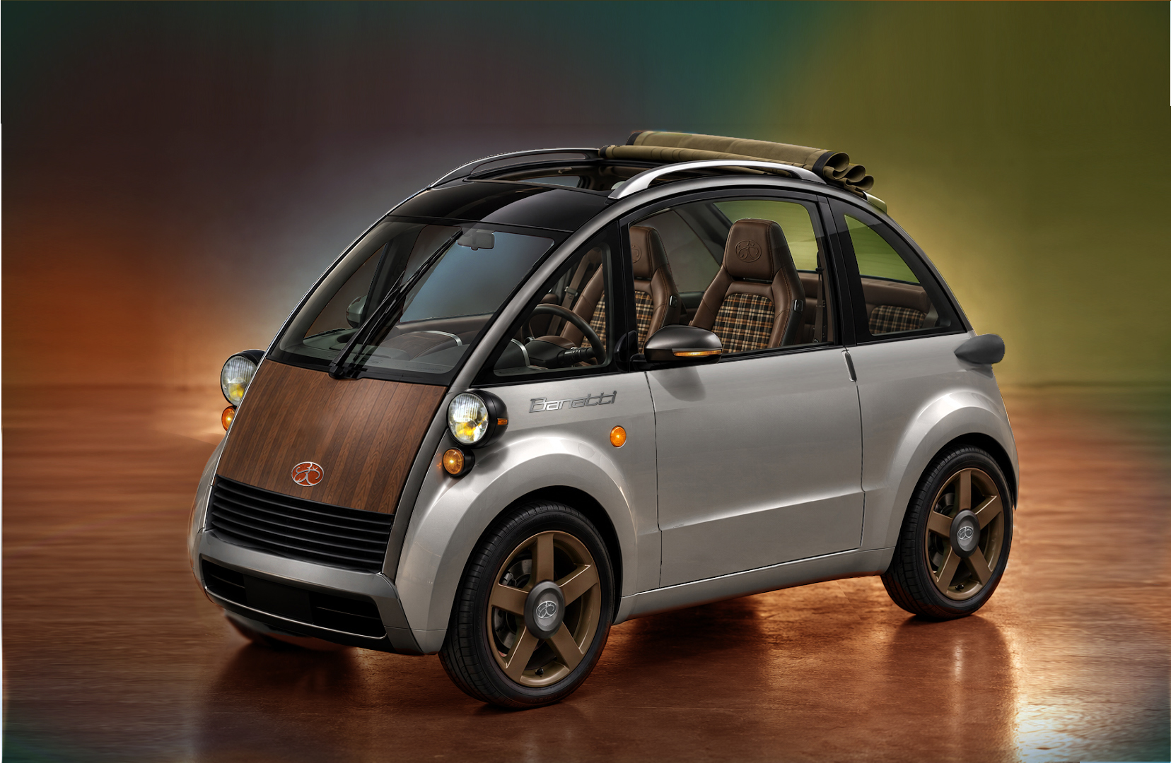 The Bayani master: silver compact community vehicle with bamboo roof rack