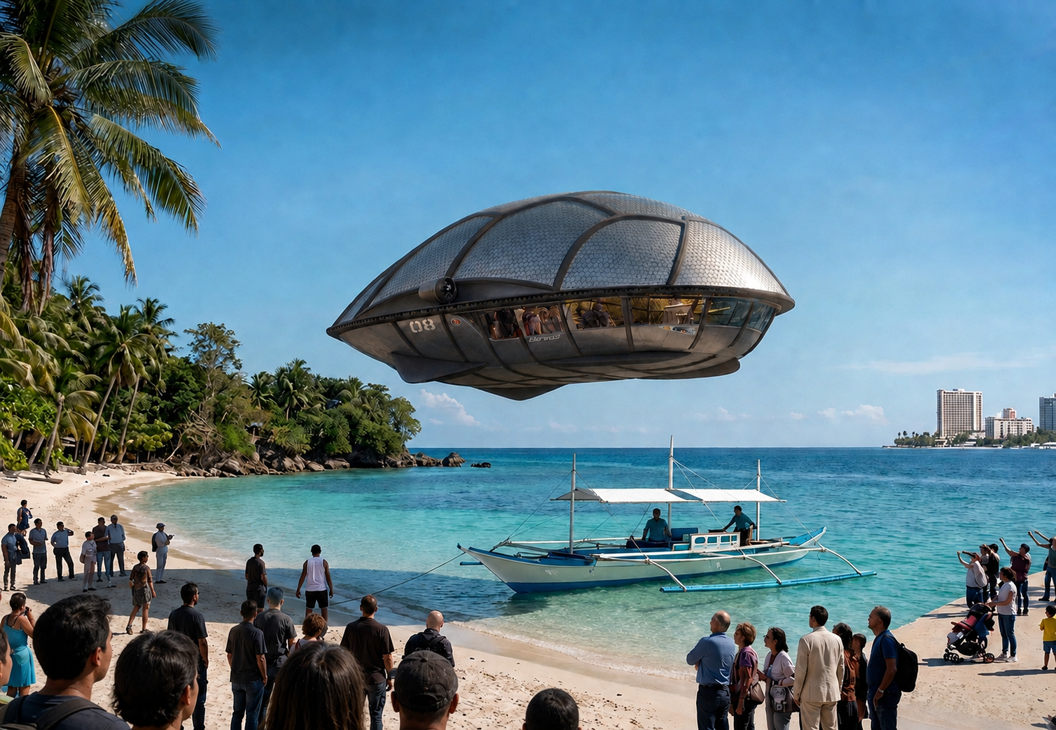 Banatti AIR Aeropod arriving above a tropical beach, a banca, and gathered onlookers sharing the discovery