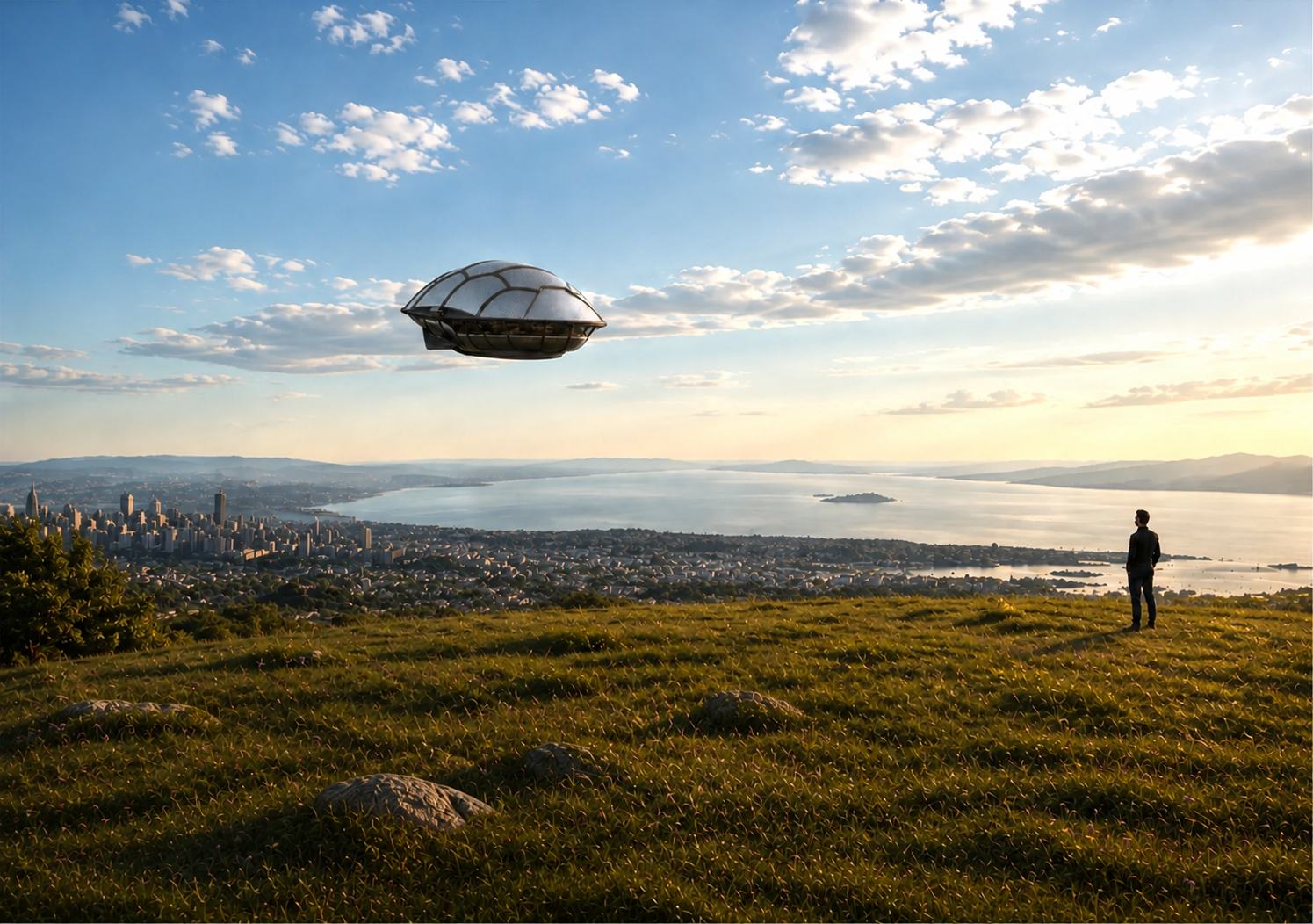 A man standing firmly on a grassy overlook beneath the Banatti flying tortoise crossing a wide sunlit sky above the coast