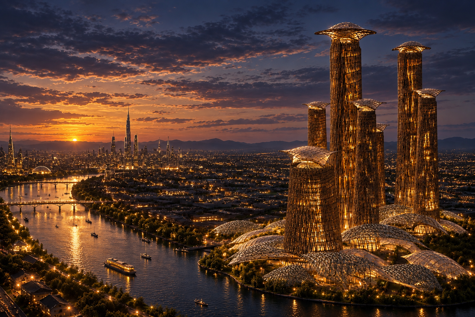 20. Deeper dusk pull-back of the Hugong bamboo towers, river and city settling into night