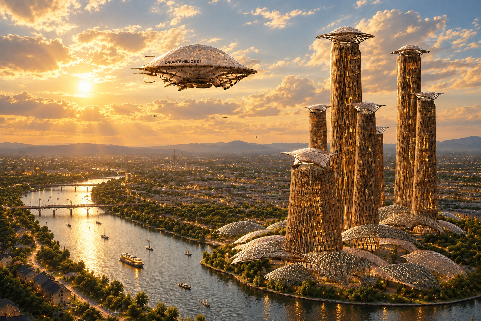 15A. Hugong river-city vision with bamboo skyscrapers and Helios craft in late-afternoon light