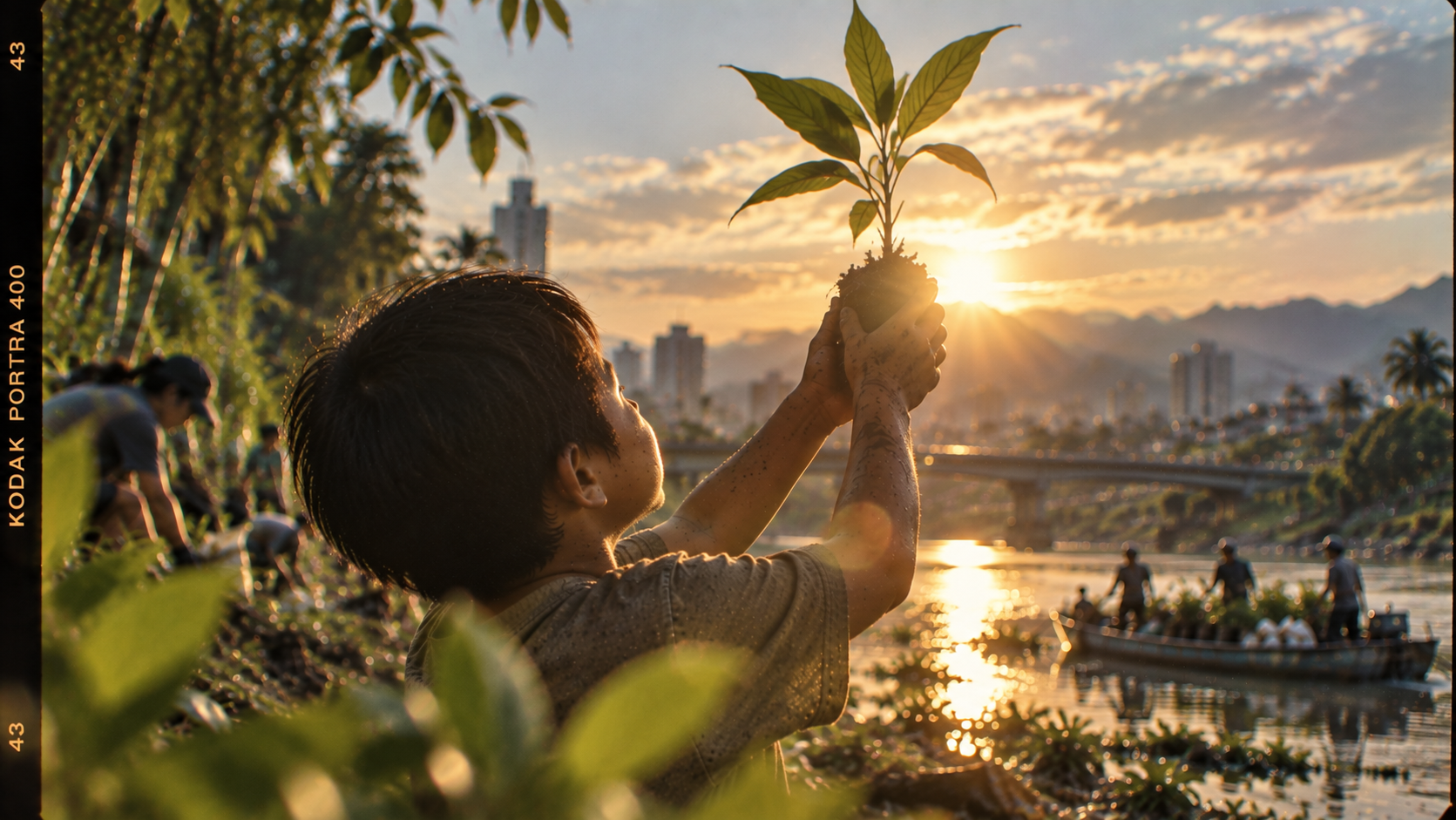 A boy holding a bamboo plant in a Kodak film frame