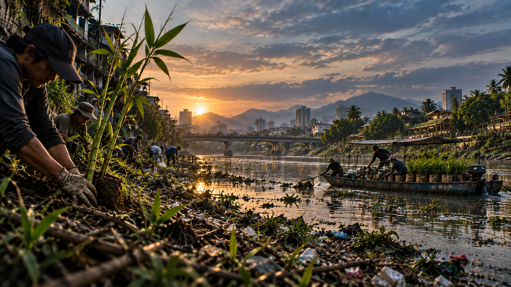 Adults planting bamboo along the riverbank