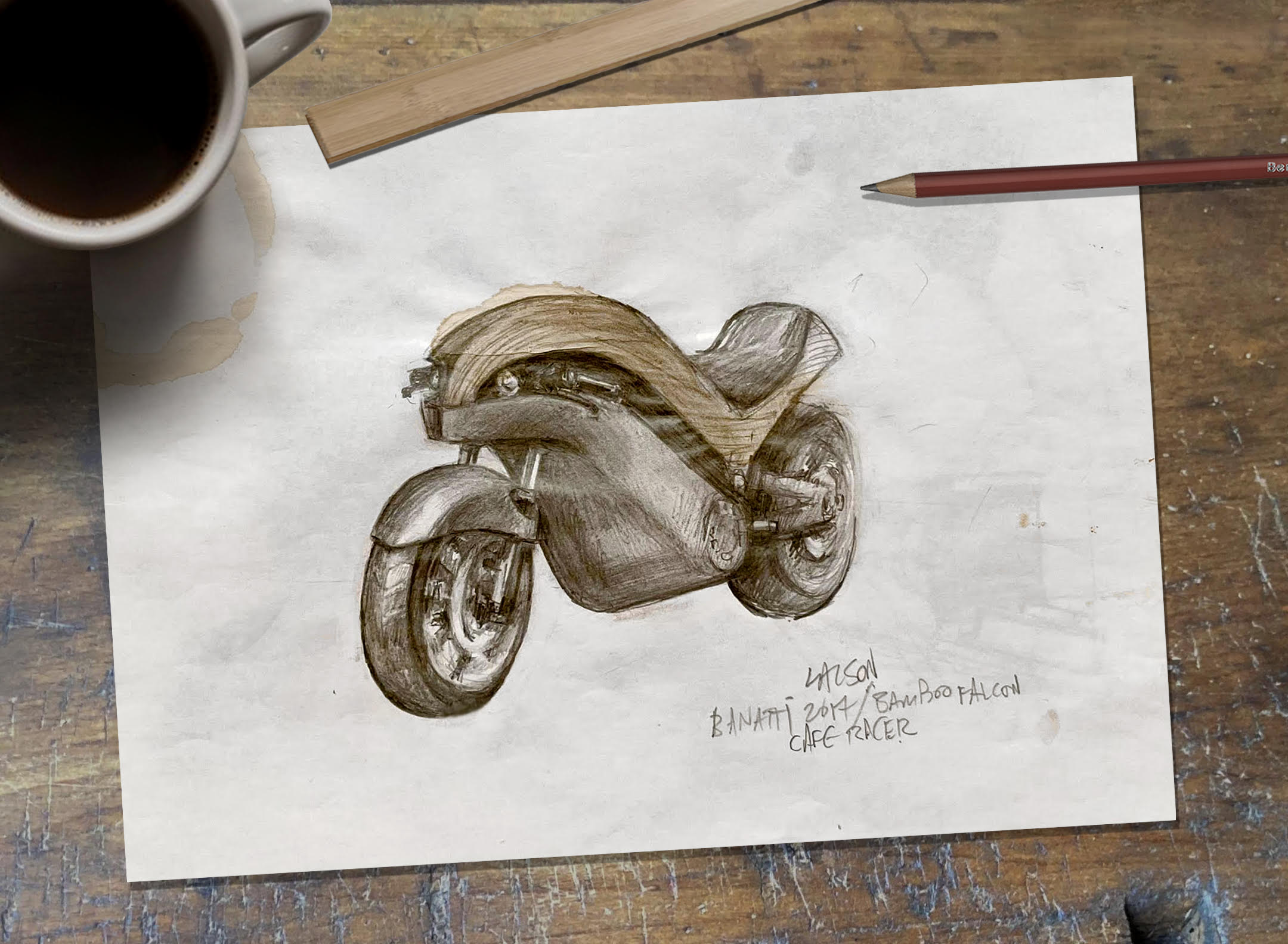 The Green Falcon pencil sketch beside a bamboo strip on brightened paper with accented coffee stains