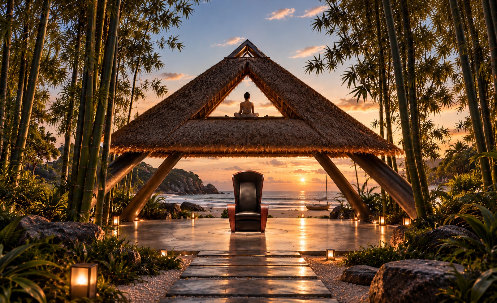 A quiet pavilion frames a seated figure, a central chair, and the sea at sunset