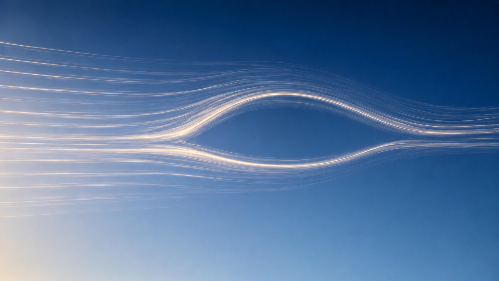 Clean airflow expressed as luminous streamlines around a hollow wing shape
