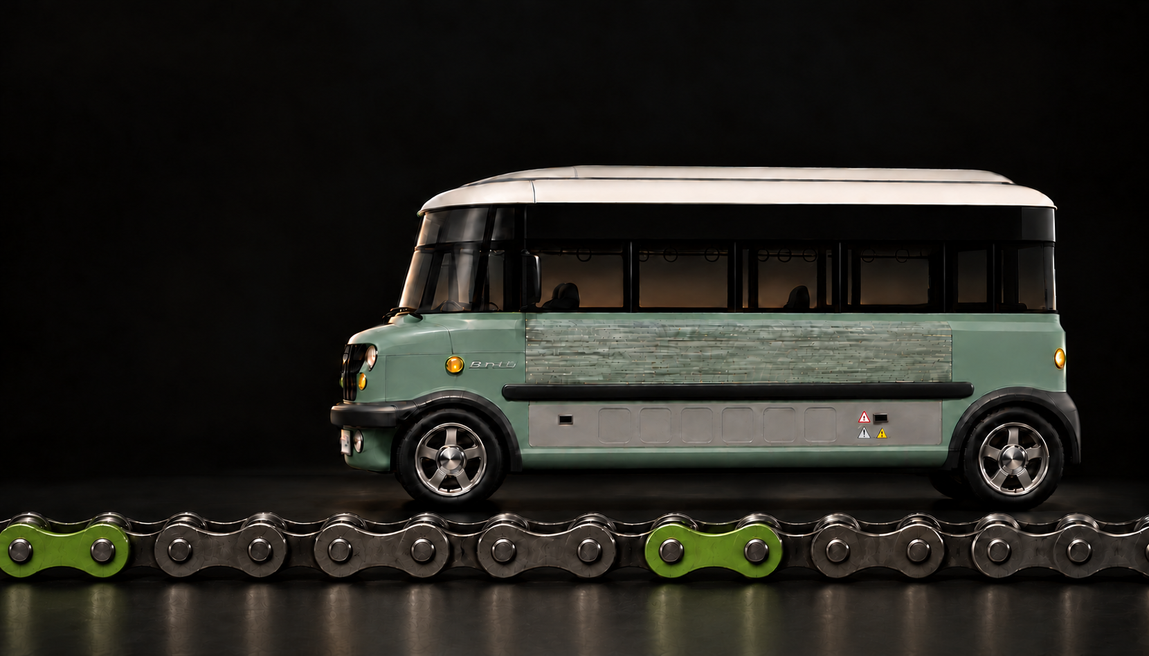The mint and bamboo BANAT vehicle above a connected steel chain with a green link beneath its centre
